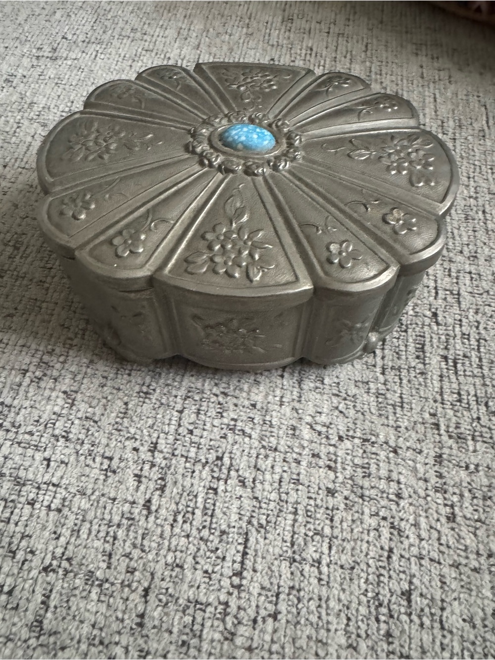 Vintage Floral Trinket Box with Blue Stone Accent